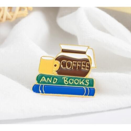COFFEE AND BOOKS Creative cartoon round brooch cut pin Reading time Cups badge enamel Brooches Shirt bag Jewelry gift wholesale