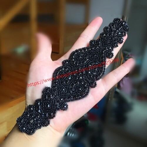 Fashion black beads crystal applique for garments and dress accessory long black rhinestone flower beads trims for clothes waist