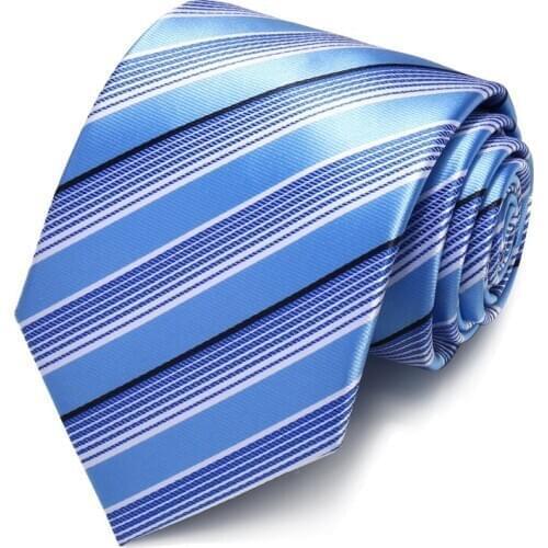 High Quality 2020 Designer New Fashion Light Blue Striped Blue 8cm Ties for Men Necktie Work Business Formal Suit with Gift Box