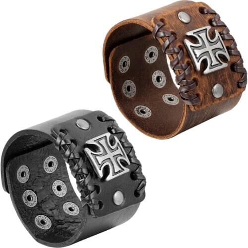 BONISKISS Punk Charm Big Cross Leather Bracelet For Men Fashion Cowboy Rider Cycles Retro Punk Cross Rivet Men Bracelets Gift