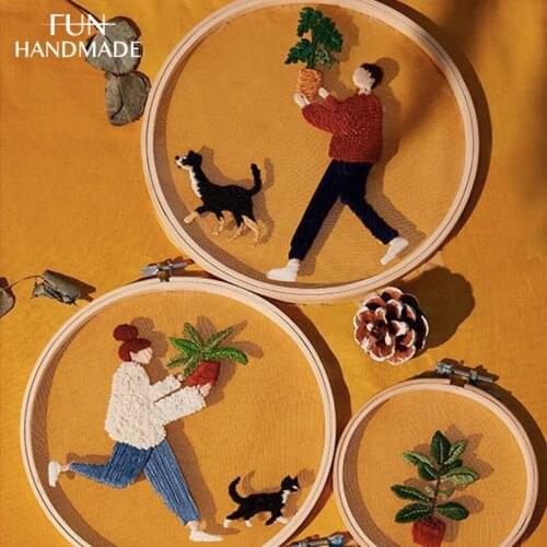 DIY European Style Mesh Transparent Embroidery Kit Cartoon Girl Boy Cat Plants Needlework With Hoop Cross Stitch Home Decor