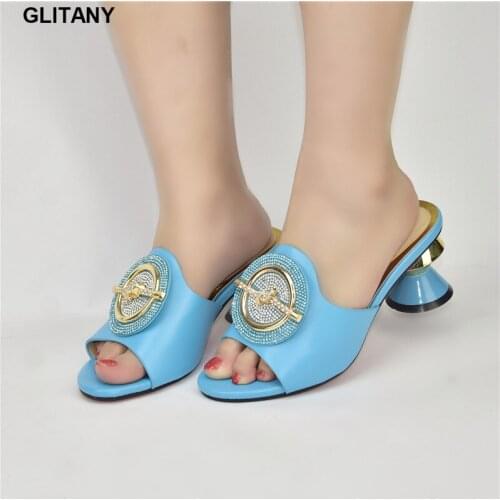 Latest African Party Shoes Decorated with Rhinestone Plus Size Women Shoes 43 High Heels Sexy Ladies Open Toe Shoes Slip On