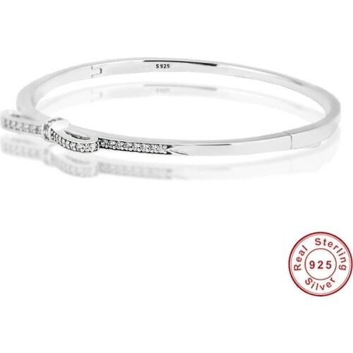 2017 Spring New 925 Sterling Silver Jewelry Sparkling Bow Tmeless Bangle Clear CZ Charm Bracelet Bangles for Women Fits Brand