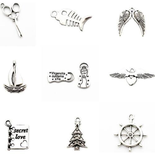 Newest 12pcs/lot Silver Alloy scissor sail heart Dangle Charms Lobster Clasp Hanging Charm fit Bracelet&Pendant Necklace