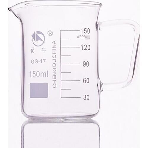 With handle beaker in low form,Capacity 150ml,Outer diameter=59mm,Height=85mm,Laboratory beaker with handle
