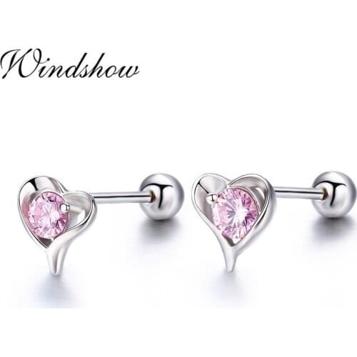 Cute Love Peach Heart CZ 925 Sterling Silver Screw Back Stud Earrings For Women Girls Child Kids Jewelry Orecchini Aros Aretes