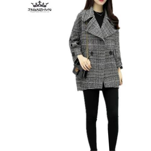Tnlnzhyn 2019 Spring Women Woolen Coat Fashion houndstooth Woolen Coat Women Suit Collar Double breasted Coats Y927