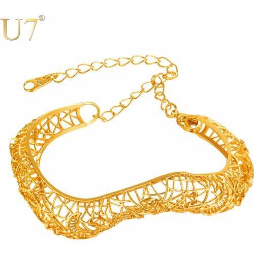 U7 Bracelet Irregular Hollow Out Cuff Bangle & Extend Chain Adjustable Gold/Silver Color Gift For Women Jewelry Bracelets H1045