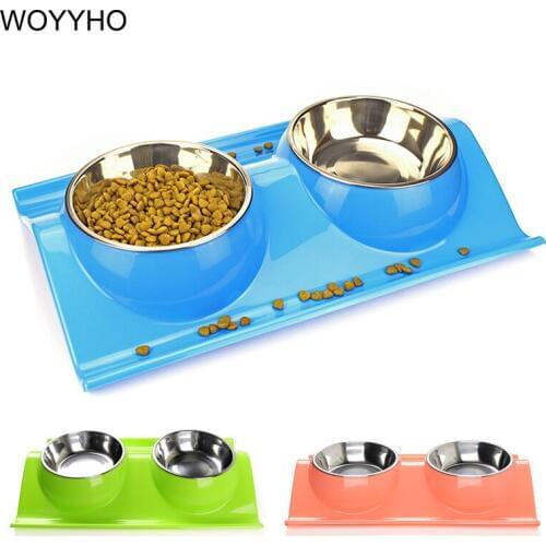 W Style Leakproof Dog Bowl Stainless Steel Puppy Cat Water Food Storage Feeder Pet Combo Bowls For Dogs Blue/Green/Pink
