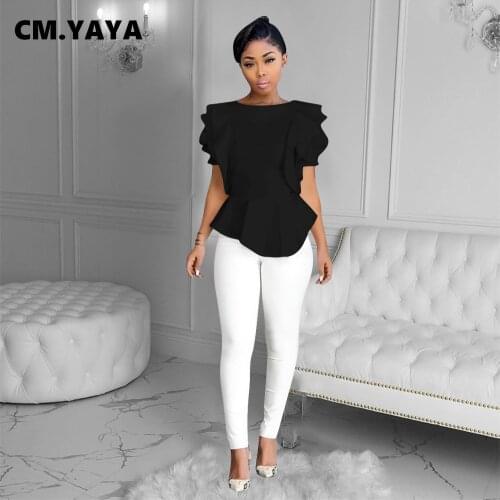 CM.YAYA Women T-shirt Solid Short Butterfly Sleeve O-neck Back Zipper Ruffles Tops T-shirts Office Lady Fashion Clothes Summer