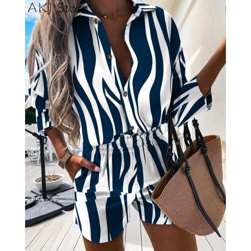 Summer Women Casual Stripe Button Design Long Sleeve Casual Shirt and Shorts Set