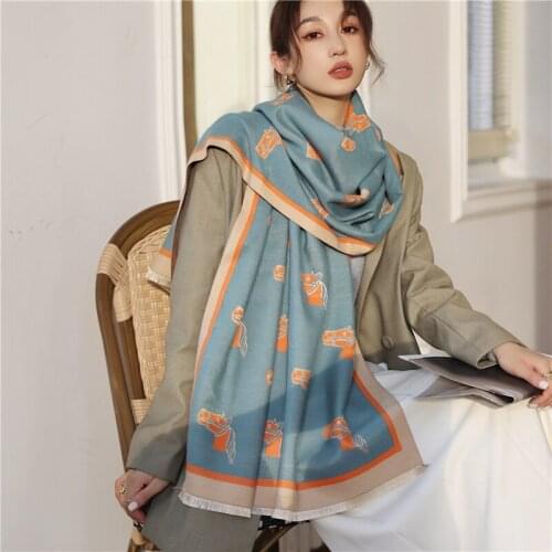 Women Solid Brand Cashmere Scarf Hijab Fashon Print Horse Headscarves Foulard Female Thick Blanket Warm Shawl Wrap Bandana 2021