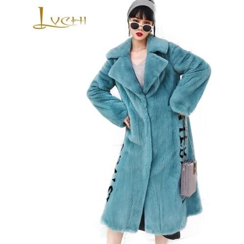 LVCHI 2019 Winter Imported purple velvet Mink Fur Coat Real Fur Coats Women Turn-Down Collar Print Lettern X-Long Mink Fur Coats