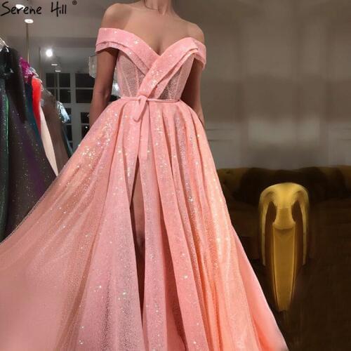 Off Shoulder Long Arabic Crystal Formal Evening Prom Party Gown Dress Split Dress Abendkleider 2020 BLA6505