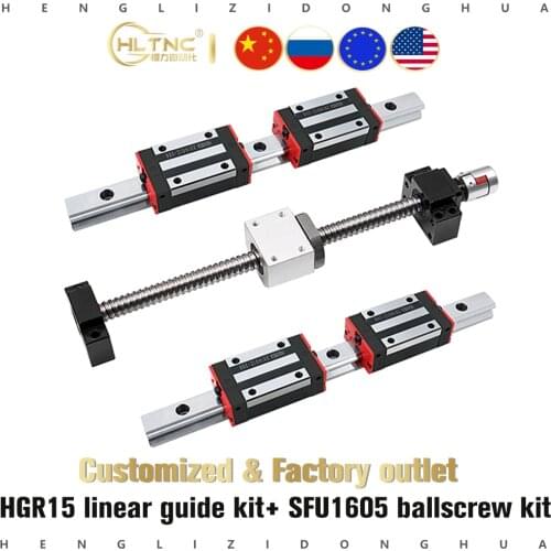 2 linear guide rails 15mm HGR15 hgh15ca hgw15ca +1 sfu1605 ball screw nut housing any length+ support BK/BF12+couplers for CNC