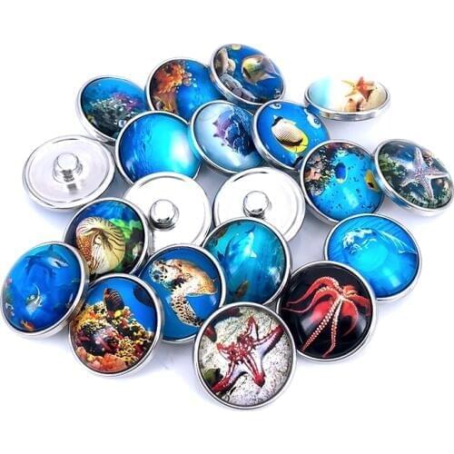 20pcs/lot 18mm 20mm Sea Life Tortoise Octopus Dolphin Glass Cabochon Snap Buttons for DIY Bracelet Necklace Charm Findings N011