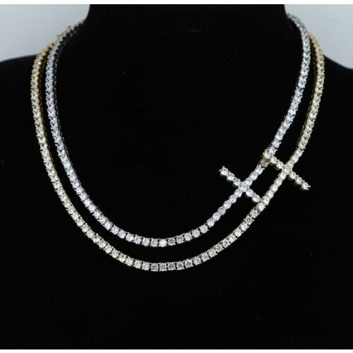 3mm cz tennis chain choker necklace in silver color sideway cross charm necklace 15" 16" iced out bling women hip hop jewelry