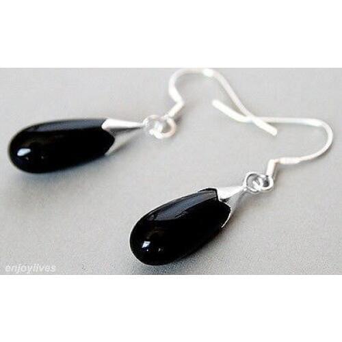 Free shipping Black Onyx Drop Dangle 925 Sterling Silver Hook Earrings