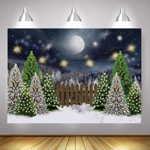 Winter Snow Christmas Backdrop Starry Sky Pine Forest Big Moon Background Newborn Baby Shower Birthday Portrait Photocall