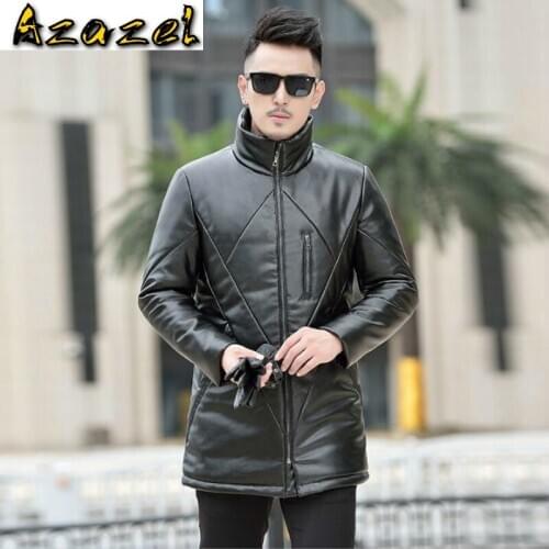 HOT Winter new mens leather down jacket long male Business casual slim Korean stand collar Fur coat men warm plus size jackets