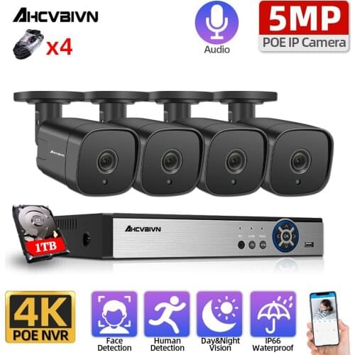 H.265 4CH 4K POE NVR 5MP CCTV IP Security Camera System Outdoor Waterproof Audio Alarm Video Surveillance Camera System Set 5MP