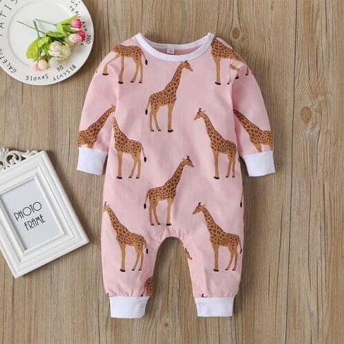 Baby Boys Girls Rompers Cotton Round Neck Long Sleeve Rompers Long Sleeve Cartoon Giraffe Jumpsuit