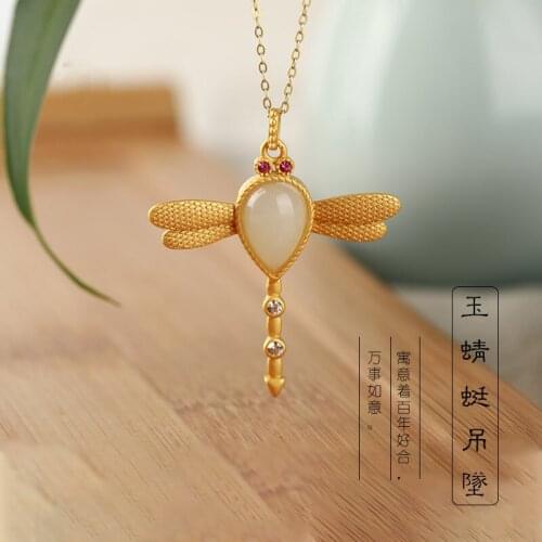 Natural Green Hetian Jade Dragonfly Pendant Necklace 925 Silver Fashion Jewelry Chalcedony Amulet Gifts