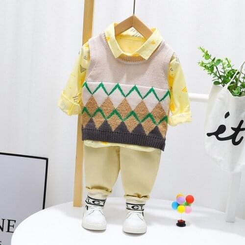 LISUNNY 2021 Spring Boys Clothing Sets Kids Baby Clothes Plaid Knitted Vest Shirt Pants Toddler Infant Child Casual Costume