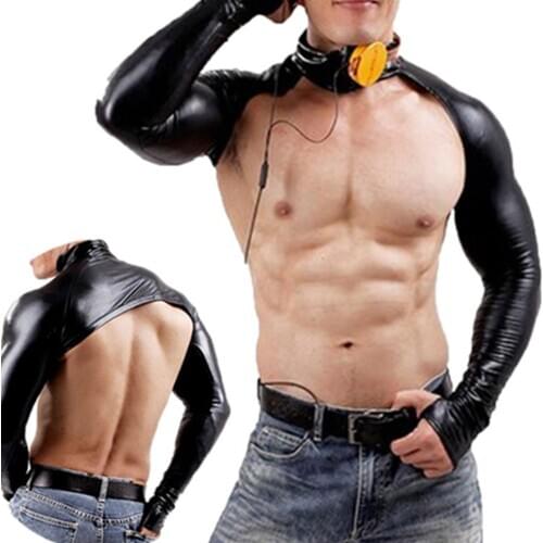 Man Shoulder Strap Crop Tops PU Leather Sexy Long Sleeve Wrestling Shirts Bodybuilding Stage Costume Bondage Gay Exotic Tanks