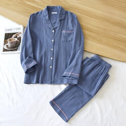 Autumn Wash Cotton Crepe Women Pajamas Double-layer Gauze Long Sleeve Trouser Suits Home Clothes Soft and Loose Two Piece Set