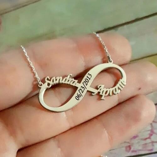Double Names Handmade Infinity Name Necklace with Date Numbers Engraved Stainless Steel Lover Necklace Best Gift to Girlfriend