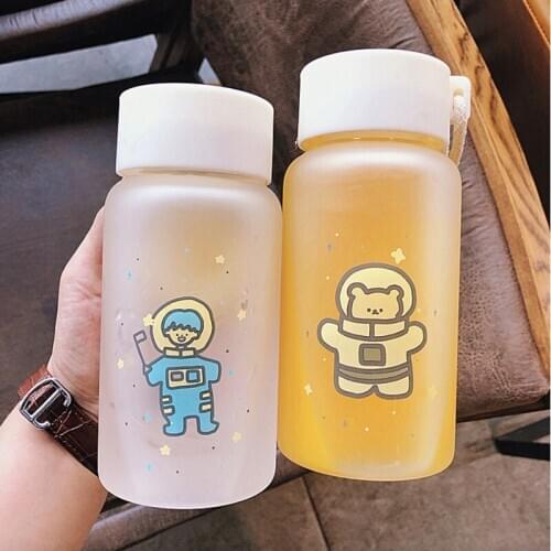 Portable Cartoon Glass Water Bottle Cup With Rope Cute Plastic Water Cup Cute Kids Girl School Lovers Bottles Flask Pink
