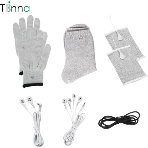 Tlinna Conductive Silver Fiber Gloves Kneepads EMS Electric Massage Therapy Socks Cable Electrode Pads for Digital Massager