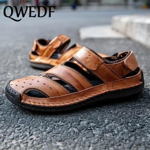 QWEDF 2019 Big size mens sandals summer new beach cool real leather leisure Baotou soft bottom slip Fashion sandals X8-98