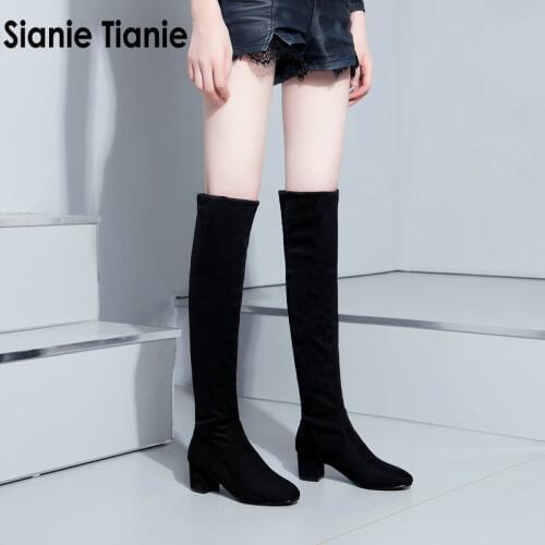 Sianie Tianie chunky high heels PU faux sude woman ankle boots fashion over the knee high boots for women ladies overknee boots