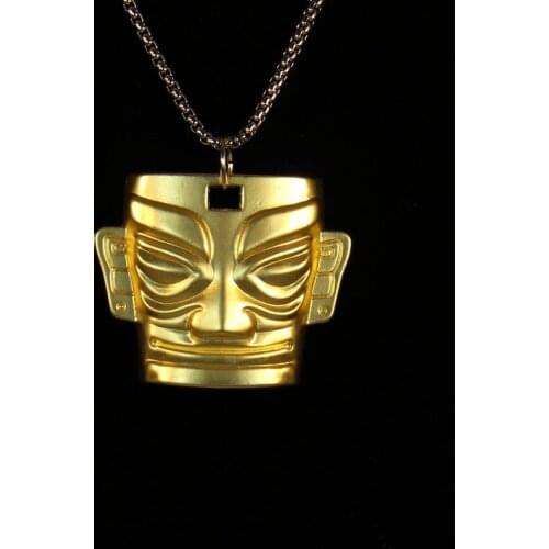 WANGAIYAO Men’s Necklace China Sanxingdui Mask Necklace Golden Retro Spiritual Mask Pendant Hip Hop Sanxingdui Zong Eye Mask