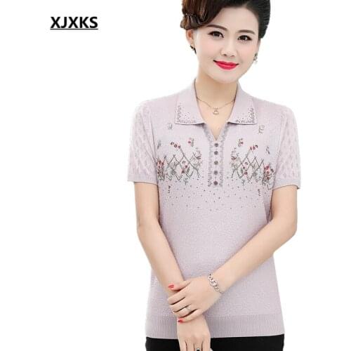 XJXKS Exquisite embroidery short-sleeved top women T-shirt 2021 summer new loose plus size high-quality women diamond T-shirt