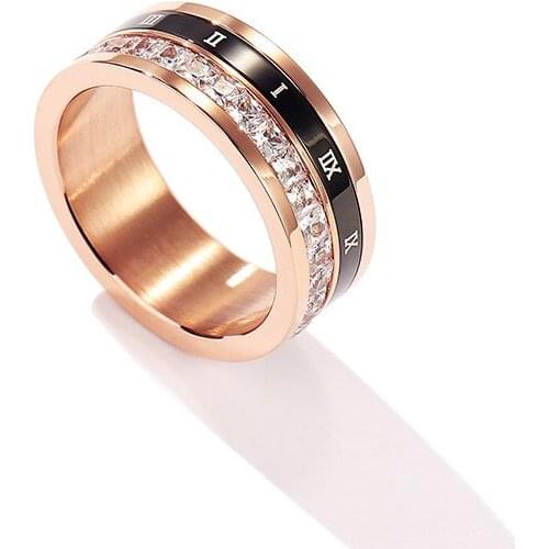 YUN RUO 316 L Titanium Steel Jewelry Roman Numerals Pave Mosaic Zircon Crystal Weeding Rings Rose Gold Fashion Woman Never Fade