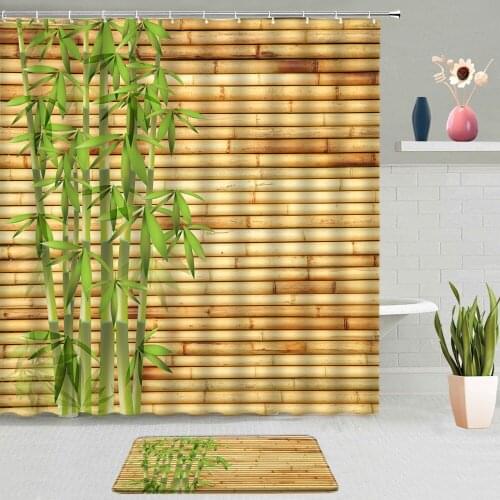 Green Bamboo Leaves Bamboo Raft Bathroom Shower Curtains Non-slip Mat Waterproof Polyester Fabric Bath Curtain Home Decoration