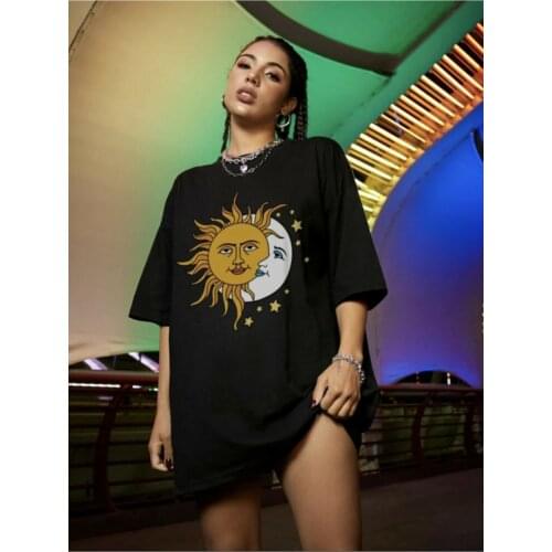 Womens Black T-Shirt Sun Moon Printed 2021 Summer-01