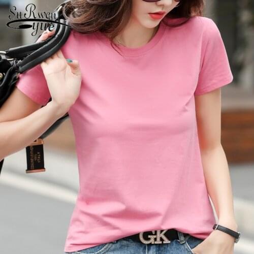 2020 New Simple Short Sleeve Tshirt Loose Tees Base Shirt Cotton Summer T-shirt Women Casual Solid O-collar Plus Size 8838 50