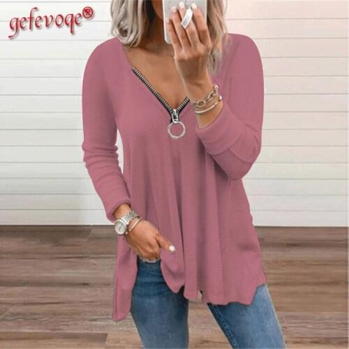 Elegant Sexy V-Neck Zipper T Shirt Women 2021 Trending Casual Oversized Tee Shirts Solid Tunic Top Female Clothing Camisetas