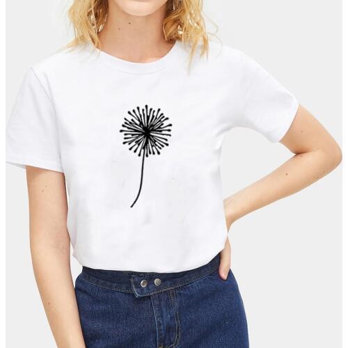 Dandelion Printed Tee Shirt Femme O-neck Short Sleeve Cotton Tshirt Women Black White Summer Loose T Shirts for Women Tops