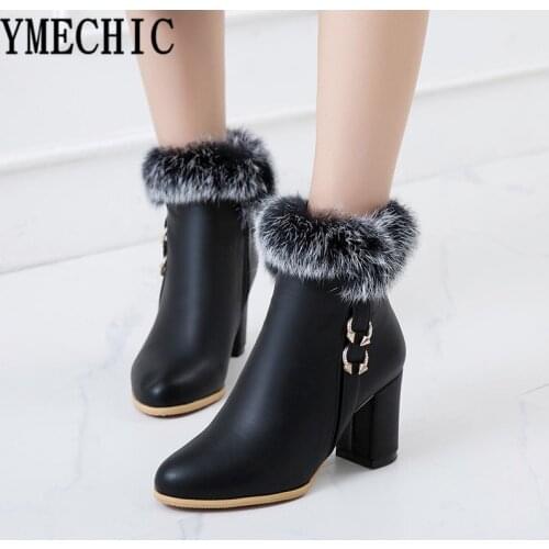YMECHIC Fashion Booties 2018 Woman White Black Fur Tassel Winter Ladies Shoes Block High Heels Ankle Boots for Women Plus Size