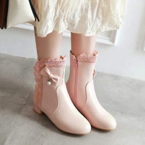 PXELENA Sweet Lolita Girls Ankle Boots Lace Ruffles Bow Tie Beads Low Heels Bride Women Wedding Shoes White Pink Autumn Winter