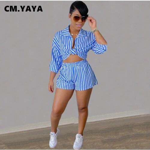 CM.YAYA Women Set Striped Full Sleeve Turn-down Collar Shirts Tops Stretchy Shorts Two 2 Piece Sets Office Lady Outfits Autumn