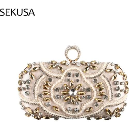 Embroidery Women Evening Bags Finger Ring Diamonds Party Beading Crystal Day Clutches Small Rhinestones Wedding Purse