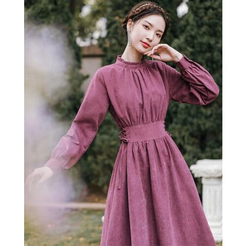 Womens Fashion Purple Dress French Bellflower Lace-up Waist Long-sleeved Corduroy 2021 Autumn and Winter New Temperament Dress