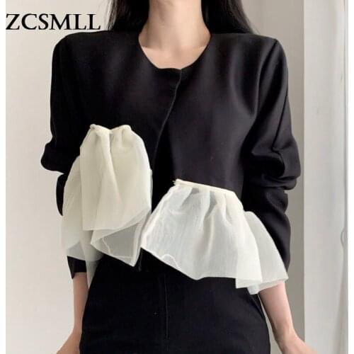 ZCSMLL Round Neck Single-breasted Stitching Irregular Design Puff Sleeve Women Coat 2021 Korean Autumn Spring Fashion Tops