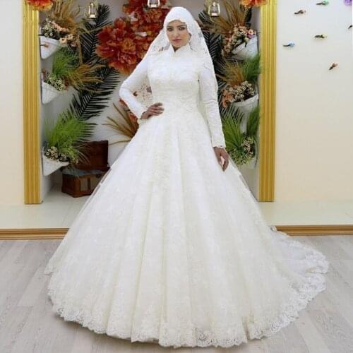 Saudi Arabic Long Sleeve Lace Wedding Dresses Ball Gown High Neck Muslim Gowns Wedding Luxury Appliques Bridal Dresses